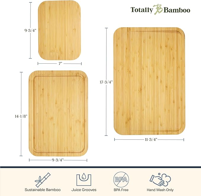 Totally Bamboo 3-Piece Cutting Board Set – Bamboo Wood Cutting Boards in Large, Medium, and Small Sizes with Juice Groove and Collection Well – Elegant Kitchen Chopping Boards with Curved Edges