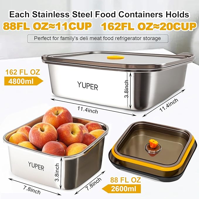 YUPER Stainless Steel Food Containers, Meal Prep Container Bacon Cheese Container for Refrigerator, Stainless Steel Containers with Lids Fruit Lunch Storage, 2 Pack (88+162OZ)