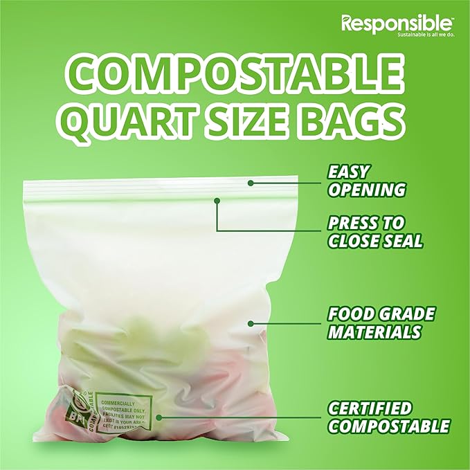 Certified Compostable QUART Resealable Zip Bag, Extra Strength Food Bags, Plant-Based Freezer-Safe (58 Pack)