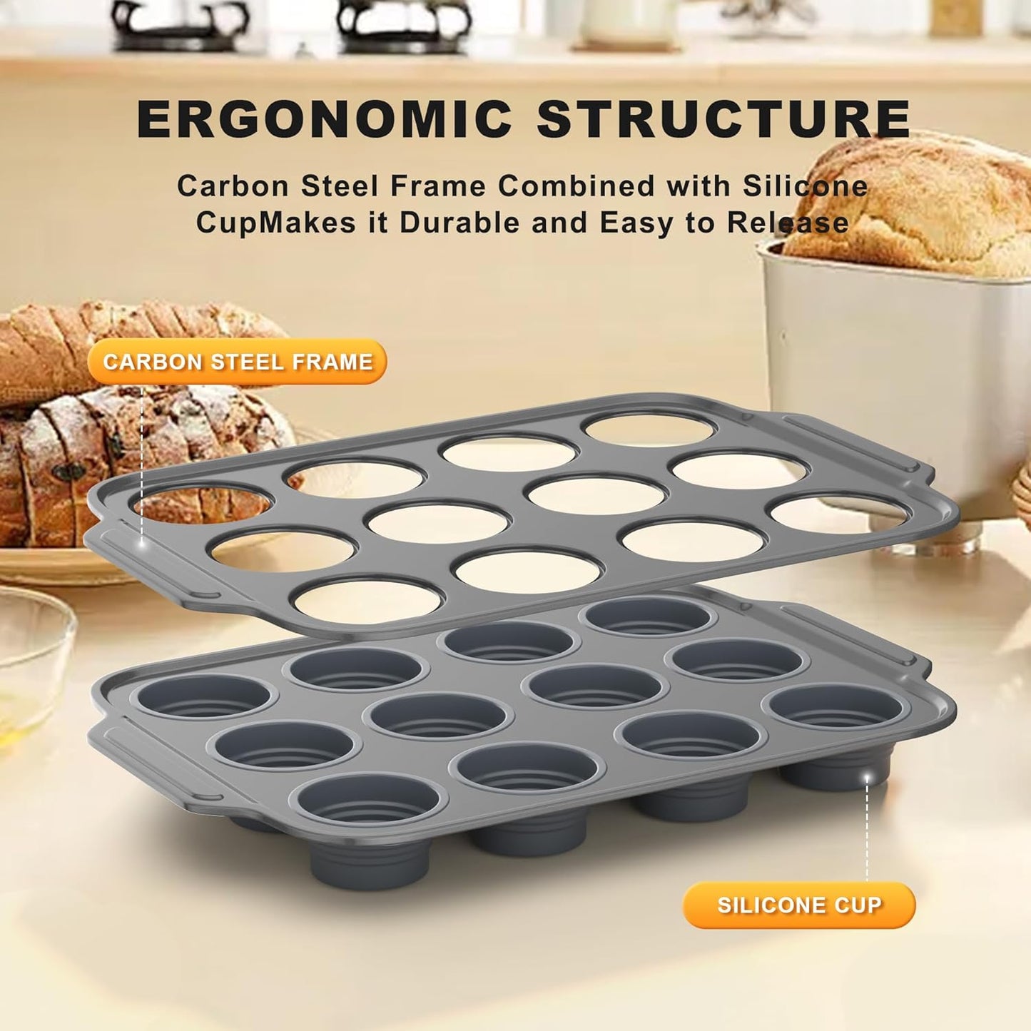 The Muffin Pan With Metal Frame & Foldable Sillicone Cups, Sturdy and Nonstick Muffin Pan Food Grade Silicone Molds (Grey, 1 Pack)