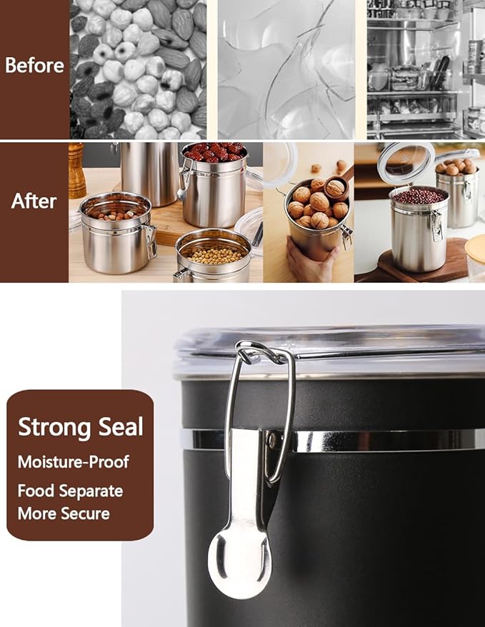 Stainless Steel Food Container with Clear Lids Airtight Storage Container Stackable Small Canisters Kitchen Pantry Storage for Cereal, Snacks, Candy, Herbs, Spices, Sugar, Tea (Black)