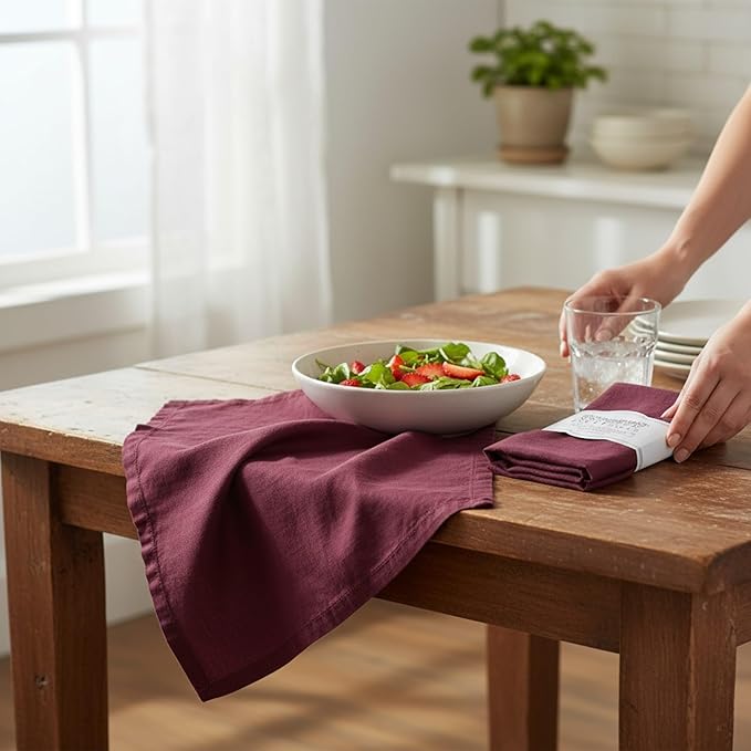 Hemstitched Linen Napkins – 20 Inch x 20 Inch – Stonewashed Pure Linen Cloth Dinner Napkins with Mitered Corners - 100% French Flax – Machine Washable - Set of 4 (Burgundy)