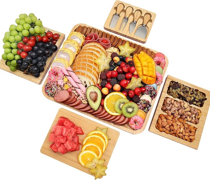 Charcuterie Board Set - Bamboo Cheese Board & Serving Tray with Stainless Steel Knives and Bowls, Housewarming Gifts New Home, Gift for Wedding Couple, Bridal Shower (NLB, 02)