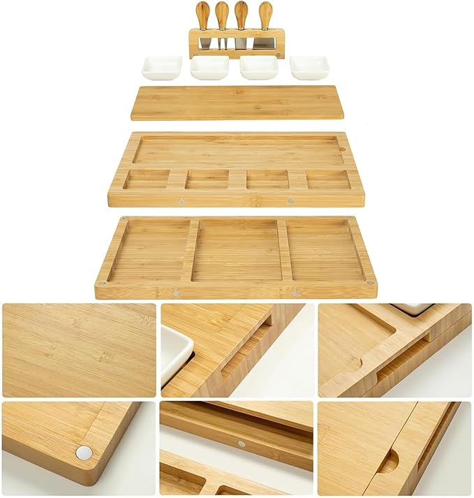Charcuterie Board Set - Bamboo Cheese Board & Serving Tray with Stainless Steel Knives and Bowls, Housewarming Gifts New Home, Gift for Wedding Couple, Bridal Shower (NLB, 01)