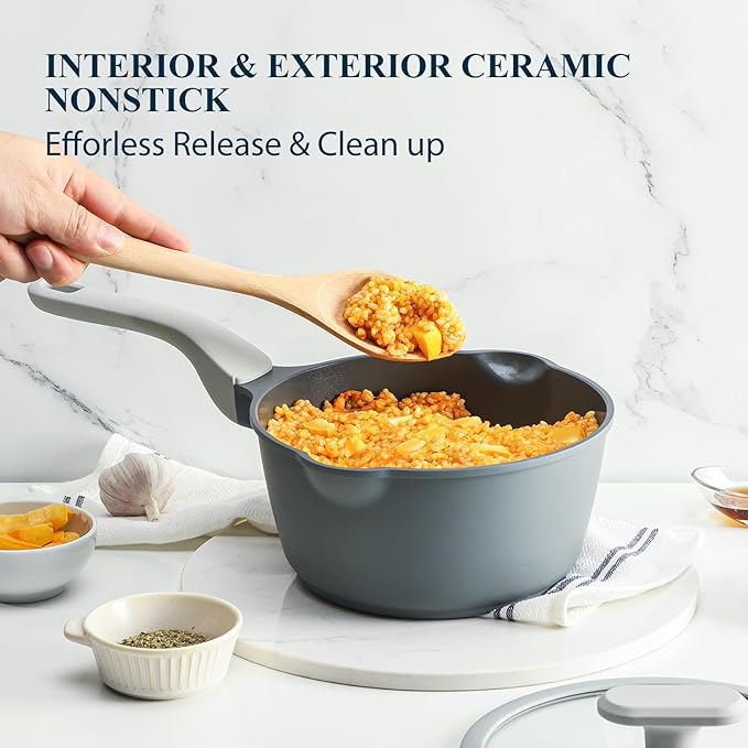 PRICUSIS Nonstick Saucepan with Lid, 2.7 Quart Ceramic Sauce Pan, Non Toxic Sauce Pot with Pour Spouts for Multipurpose Use, PTFE, PFOA & PFAS Free, Induction Compatible.