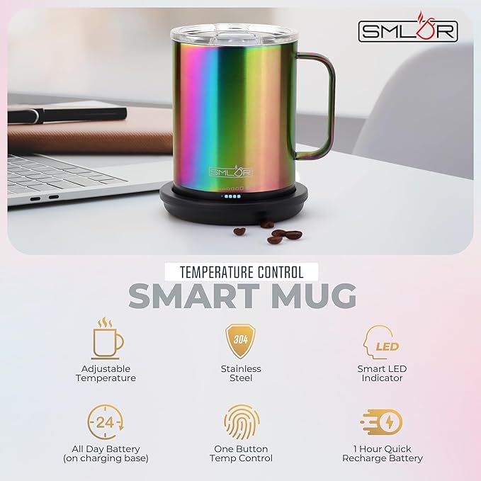 SMLDR Pro Heated Mug, 14 oz Smart Mug, Self-Heating, Adjustable Temperature, Battery Powered Heated Coffee Mug, Quick Recharge Time, Great for Coffee & Tea, Excellent Gift (Rainbow)
