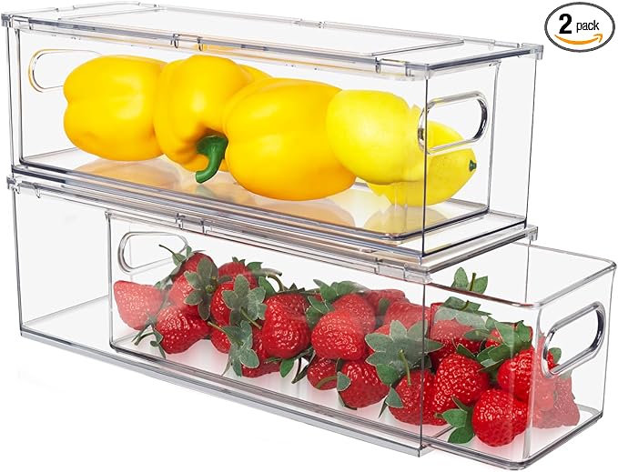 Abiudeng 2 Pack Stackable Refrigerator Organizer Bins with Pull-out Drawer, Drawable Clear Fridge Drawer Organizer with Handle, Plastic Kitchen Pantry Storage Containers