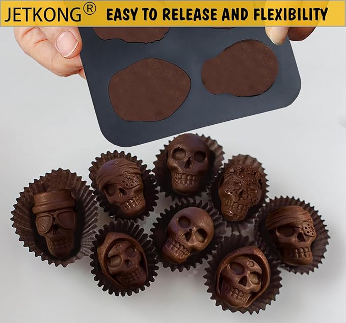 JETKONG 10 Cavity Skull Chocolate Molds Silicone Skull Candy Mold for Jelly Crayon Resin, Pack of 2 (Black)