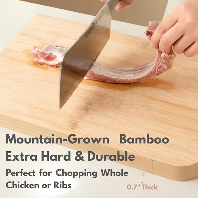 Aged Bamboo Cutting Board for Kitchen, Double-Sided Reversible with Juice Groove, Thick Durable, Standing Design for Fruits Meat Vegetables, Set of 2