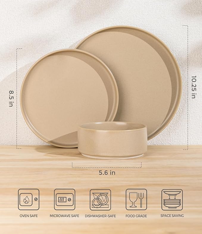 TheTerra Ceramic Dinnerware Sets for 6, 18 Pieces Handmade Reactive Glaze Plates and Bowls Set, Scratch Resistant Dish Set, Oven & Microwave & Dishwasher Safe, Ivory Cream
