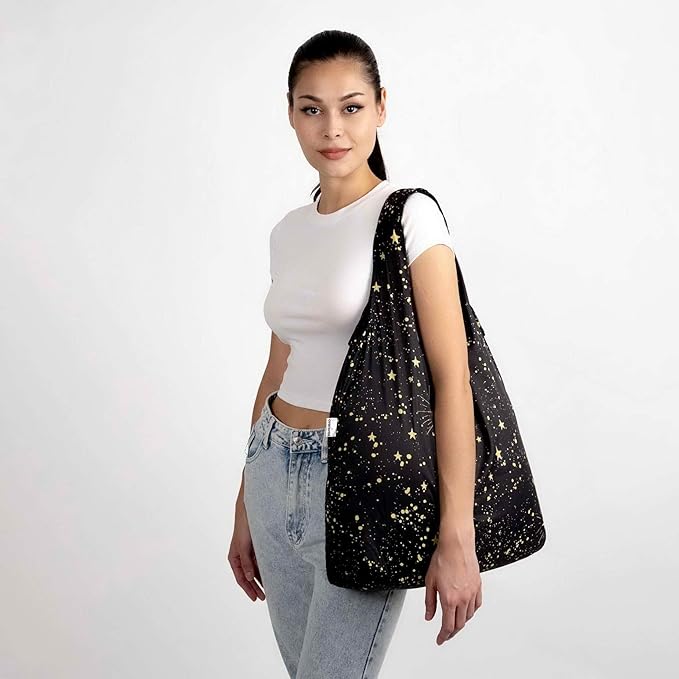 Nanobag Ultra-Lightweight Heavy Duty Foldable Tote for Women & Men, Reusable Grocery & Travel Bag, Packable Collapsible Compact Market Essential (XL Stars)