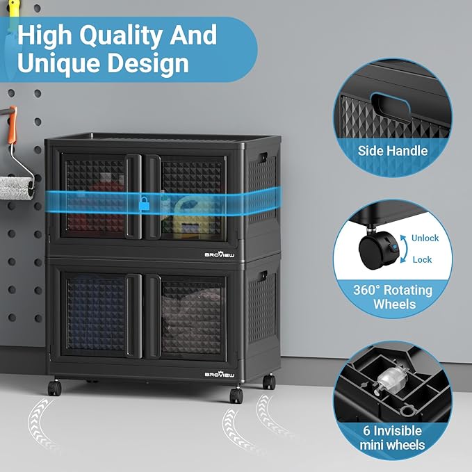 BROVIEW 600Qt Stackable Storage Bins with Lids, 150Gal Closet Organizers and Storage Drawer, Plastic Collapsible Storage Bins with Doors, Heavy Duty Store Box Cabinet for Home Kitchen, 6Pack Black