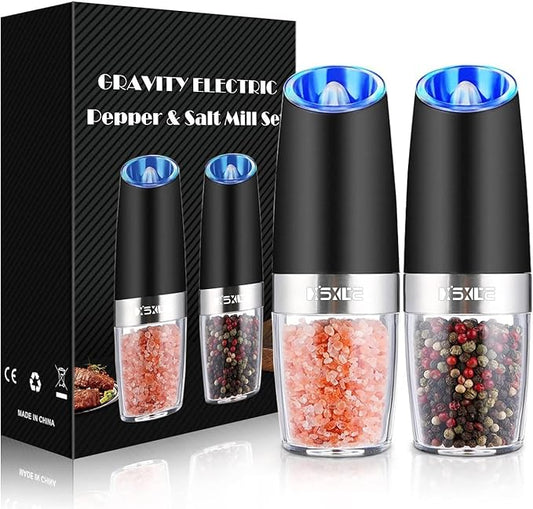 XinXu Gravity Electric Pepper and Salt Grinder Set, Adjustable Coarseness, Battery Powered with LED Light, One Hand Automatic Operation, 2 Pack/Black