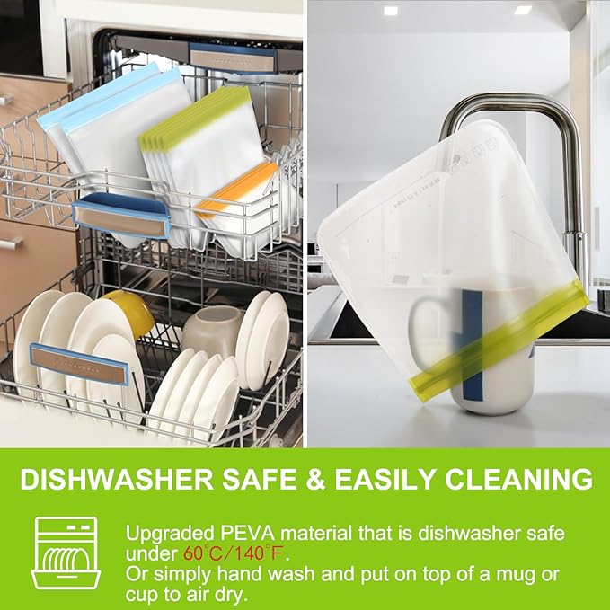 SPLF 6 Pack Reusable Gallon Freezer Bags Dishwasher Safe, BPA Free 1 gallon Leakproof Silicone and Plastic Free Food Storage Bags for Meal Prep, Fruits, Sandwich, Snack, Travel Items - Muticolor