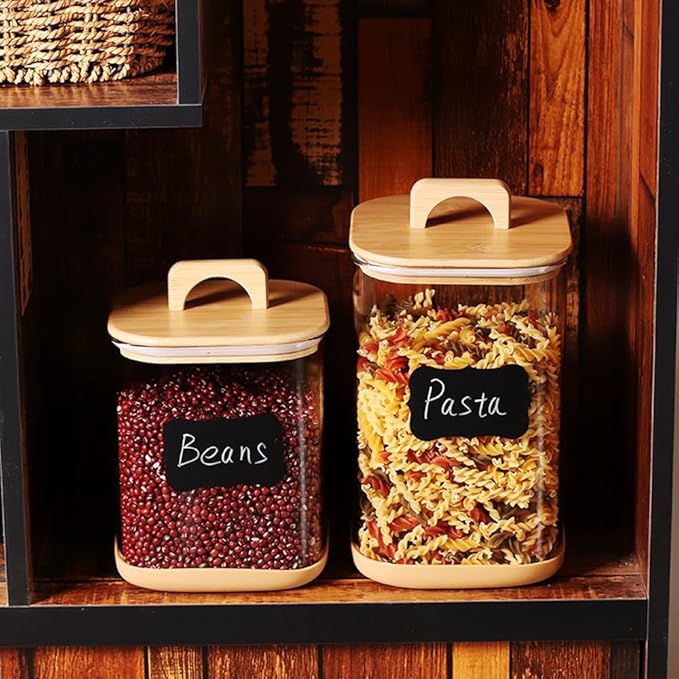 Large Glass Flour and Sugar Containers, Set of 2-100 oz Glass Laundry Pods Containers with Airtight Handle Lids, Square Glass Jars with Bamboo Lids for Laundry Room Organization (Small)