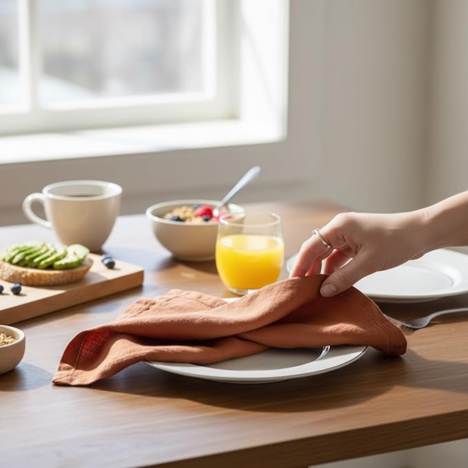 Hemstitched Linen Napkins – 20 Inch x 20 Inch – Stonewashed Pure Linen Cloth Dinner Napkins with Mitered Corners - 100% French Flax – Machine Washable - Set of 4 (Rustic Orange)