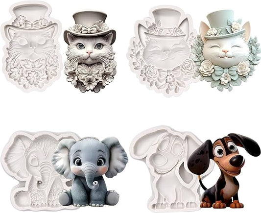 (Four-piece set) Cat with a hat, sitting elephant, sausage dog, DIY silicone mold, cake chocolate mold, wedding cake decoration tool, soft cake