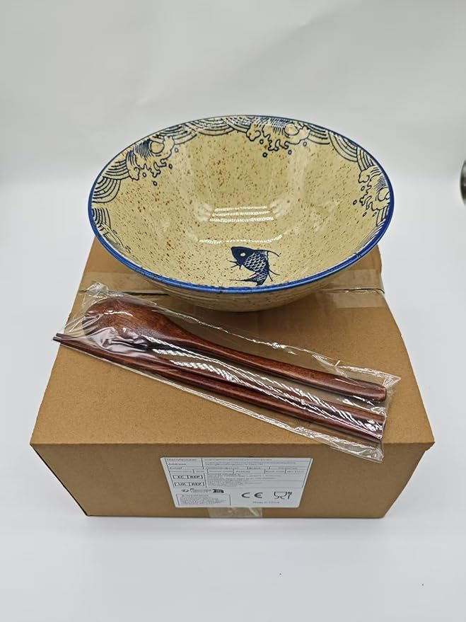 40 OZ ceramic ramen bowls, 8 IN large Japanese noodle soup bowl, match chopsticks and spoons, suitable for Pho, Udon Asian noodles (Japanese fish)