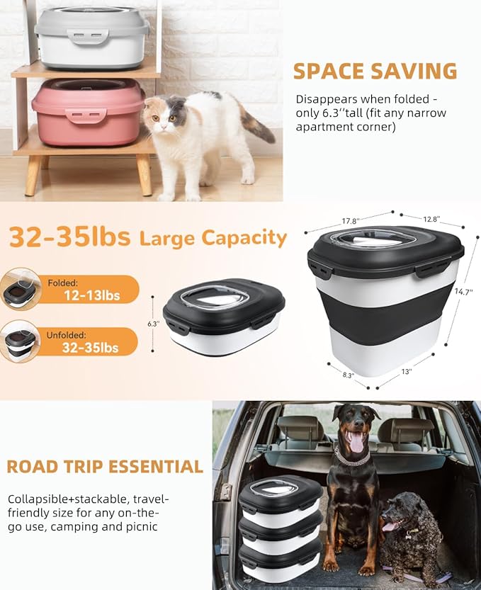 30-35 Lbs Dog Food Storage Container Collapsible Dog Food Container with Airtight Lids, Wheels, Scoop and 2pcs Food Storage Containers, Large Pet food storage for Dog, Cat (Black)