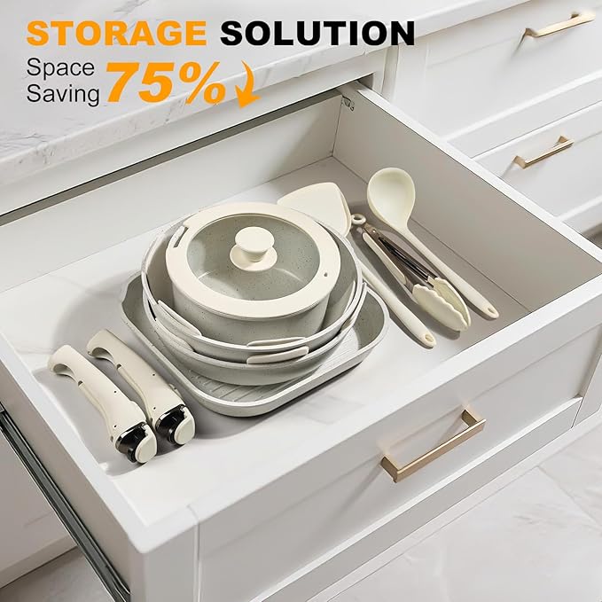 Pots and Pans Set Non Stick 20PCS, Ceramic Cookware Set Detachable Handle Non Toxic Stackable Kithchen Set, Dishwasher Oven Safe Induction Compatiable Frying Pans Pots Skillets, White