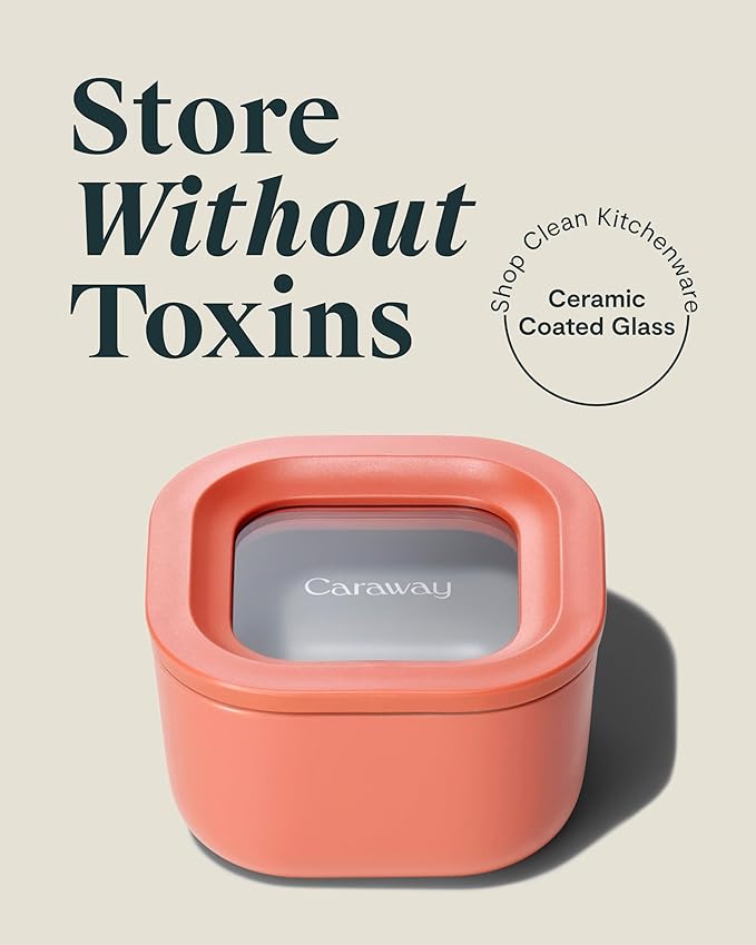 Caraway Mini Square Food Storage Container - 1.75 Cup Glass Storage Container for Food - Non-Toxic Ceramic-Coated Glass - Air Release Technology - Compact & Stackable Design - Perracotta
