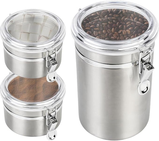 Airtight Coffee Canister, Coffee Storage Containers, Stainless Steel Kitchen Food Storage Jar for Grounds Coffee, Beans, Tea, Sugar, Flour, Cereal (Silver-1.8L*1+1.2L*2)