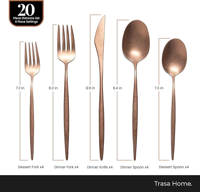 Luxury Vintage Flatware 20-Piece Set – Service for 4, Premium Stainless Steel with Weighted Handles, Aged Heirloom Finish, Dishwasher Safe, Elegant and Modern Cutlery (Vintage Copper)