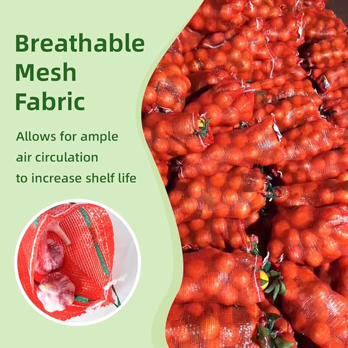 10 lb Mesh Onion Bags 100pcs, 11"×18" Mesh Produce Bags Hanging Reusable Breathable Vegetable Storage Net Bag with Drawstring for Onions Potatoes Citrus Crawfish, Red (Pack of 100)
