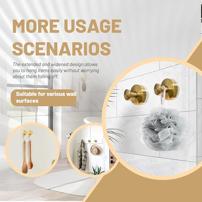 4 Pcs Suction Cup Hook for Shower，Removable Hooks，Towel Hooks，Suction Hooks for Bathroom, Bedroom, Glass Window (Gold)