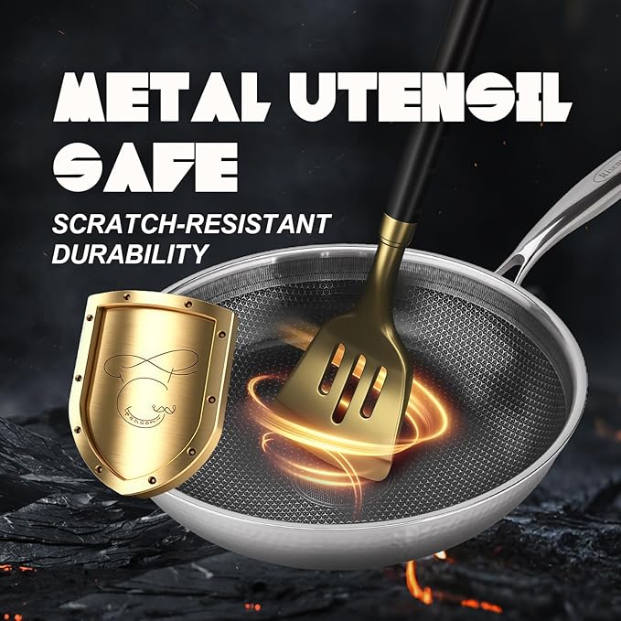 Hybrid Non Stick Wok, 12 inch Frying Pans Nonstick, Stainless Steel woks, PFOA Free Cookware, Dishwasher and Oven Safe, Induction Compatible