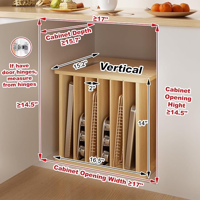7 Tier Wooden Tray Dividers for Cabinets Cookie Sheet Organizer for Pot, Pans, Baking Tray Organizer for Kitchen Documents Storage(14" W x 16.5" H x 15.2" D)