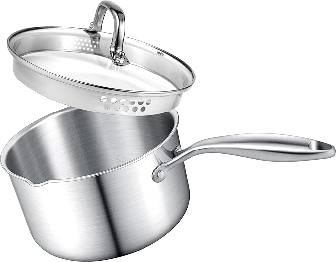 1.5 Quart Stainless Steel Saucepan with Glass Strainer Lid, Thicken Tri-ply Full Body, Multipurpose Sauce Pot with Two-Size Drainage Holes Lid, Perfect For Boiling Gravies, Pasta, Noodles