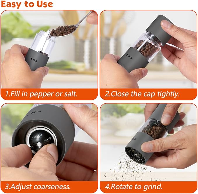LHS Premium Salt and Pepper Grinder Set, Stainless Steel Salt Pepper Shaker Set, Refillable Pepper Grinder and Salt Mill with Adjustable Coarseness for Kitchen Use - 4.6 Inches(2-Pack, Grey & Black)