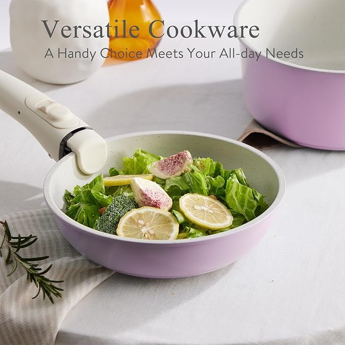 Pots and Pans Set Healthy Non toxic Non Stick Ceramic Cookware Set 21 Pcs Detachable Handles, Oven Safe, Induction Dishwasher, Stackable Frying Pan (PFOS, PFOA Free),Pink