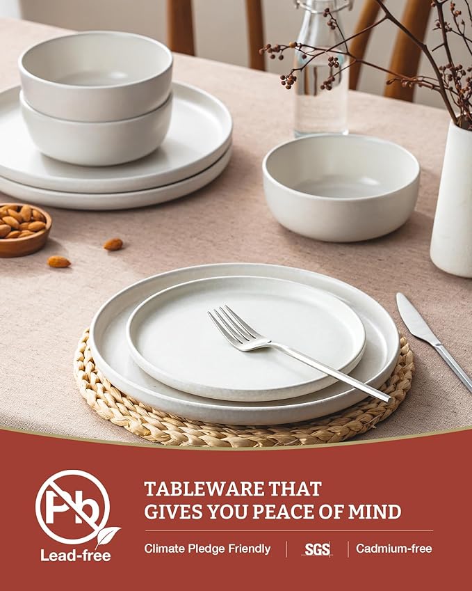 Famiware Milkyway Plates and Bowls Sets, 24 Pieces Dinnerware Sets, Reactive Glaze Dish Set, Stoneware Dishes Set for 8, Matte White