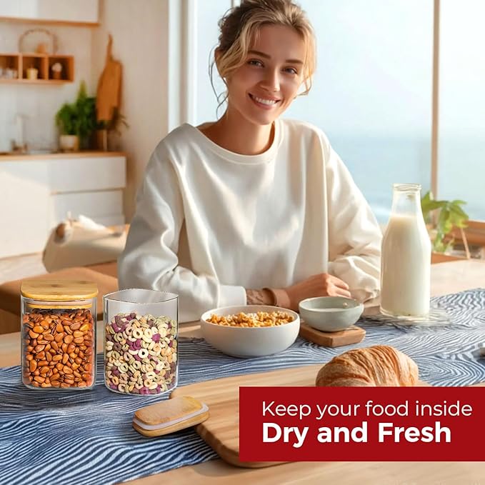 Glass Storage Containers with Lids, Food Storage Jar Canister Set, Pantry Organizers for Cookie Candy Tea Coffee Bean (4 pack 1qt)