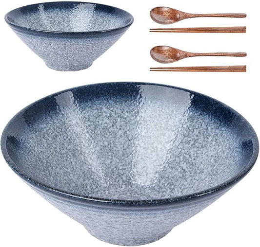 Lareina Ceramic Japanese Ramen Bowls, 2 Sets (6 Piece) 60 Ounce, Large Noodle Soup Bowl with Matching Chopsticks and Spoons for Asian Pho Udon Soba, Blue
