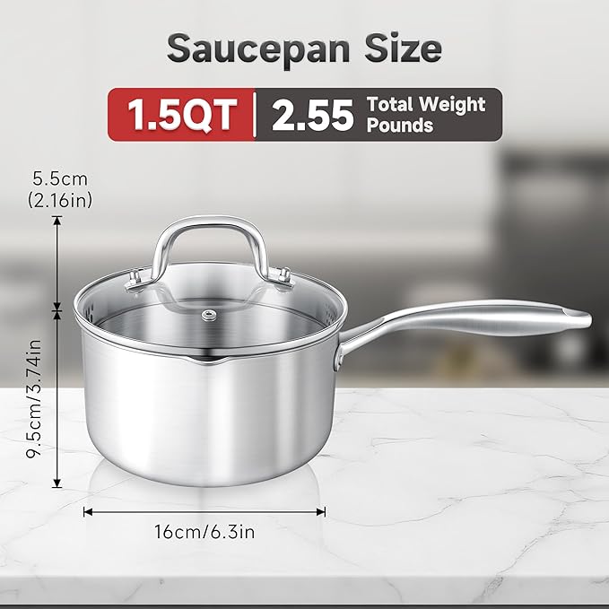 1.5 Quart Stainless Steel Saucepan with Glass Strainer Lid, Thicken Tri-ply Full Body, Multipurpose Sauce Pot with Two-Size Drainage Holes Lid, Perfect For Boiling Gravies, Pasta, Noodles