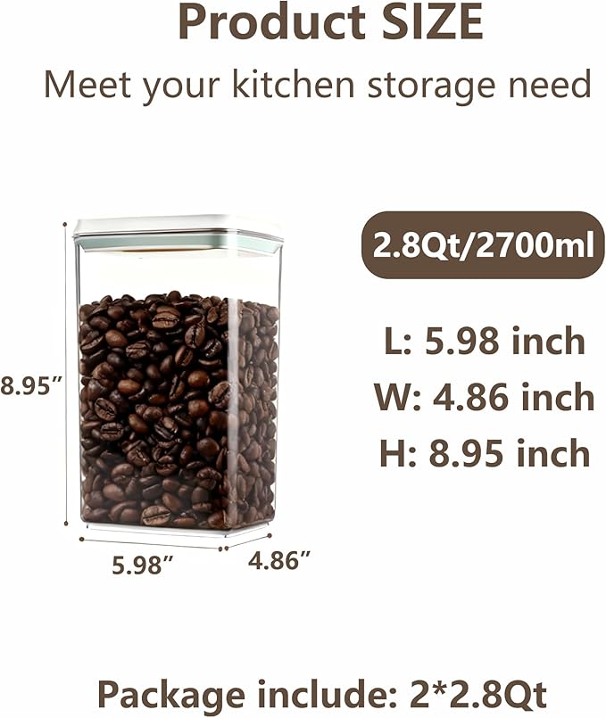 Pop Food Storage Containers Set Large Airtight Food Storage Containers with Pop Lids, Kitchen Pantry Organization and Storage, Cereal, Rice, Flour, Pasta & Snack Container, BPA Free, 2 x 2.8Qt
