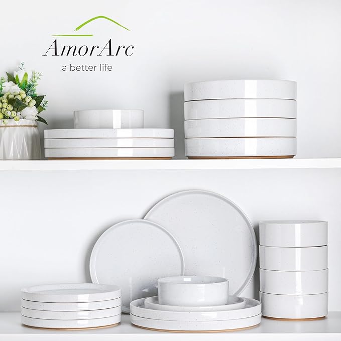 AmorArc Ceramic Dinnerware Set for 4 | Speckled Stoneware Plates and Bowls with unglazed terracotta | Scratch Resistant, Dishwasher & Microwave Safe Dishes Sets- 12-Pcs Milk White