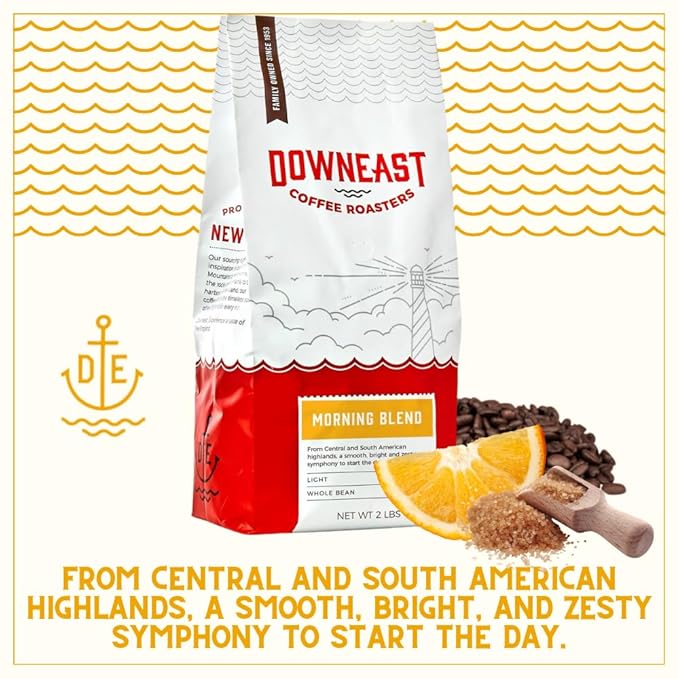 Downeast Coffee Roasters Whole Bean Coffee - Morning Breakfast Blend, Light Roast, 100% Arabica Coffee - Smooth, Bright and Balanced - Select Central and South American Highlands (2lb Bag)