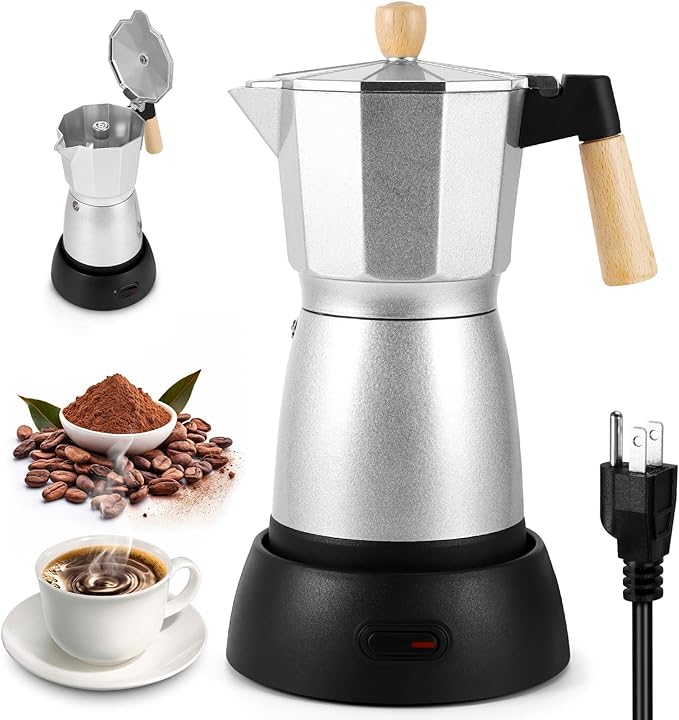 AOZBZ Moka Pot Electric Espresso Coffe Maker, 300ml 6 Cups Portable Coffee Pot with Overheat Protection and Detachable Base, Electric Espresso Maker, 450W, Silver