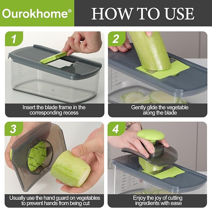 Ourokhome Mandolin Slicer for Kitchen Food, Hand Safe Vegetable Shredder with 6 Mandoline Blades, Veggie Waffle Cutter for Potato, Carrot, Zucchini, Onion, Essential Kitchen Gadgets (6 in 1, Gray)