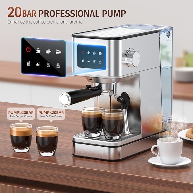 Espresso Machine with Milk Frother, 20 Bar Compact Coffee Machine with Touch Screen & 57.5oz Removable Water Tank for Home, Stainless Steel Espresso Maker for Cappuccino, Latte, Silver(updated)