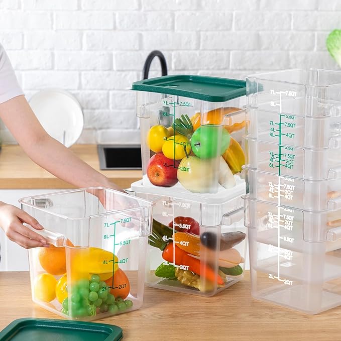 Lallisa 8 Pack 8 Qt Clear Food Storage Container with Handles and Lid Commercial Grade Square Food Storage Containers Polycarbonate Air Tight box for Home Kitchen Restaurant (Green, White)