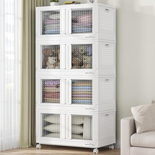 BROVIEW 400Qt Stackable Storage Bins with Lids, 100Gal Closet Organizers and Storage Drawer, Plastic Collapsible Storage Bins with Doors, Heavy Duty Store Box Cabinet for Home Kitchen, 4Pack White