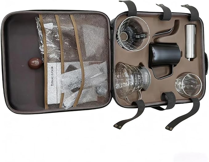 Professional Pour-Over Coffee Kit, 9-Piece Portable Travel Set w/Gooseneck Kettle, Manual Grinder，scale& Accessories, The Ultimate Pour Over Coffee Set