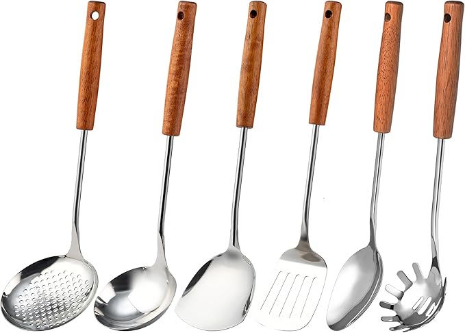 FJNATINH Stainless Steel Kitchen Utensils Set with Wood Handle Nonstick Stainless Steel Cooking Utensils Set with Turners,Spatula,Ladle,Skimmer,Solid Spoon,Pasta
