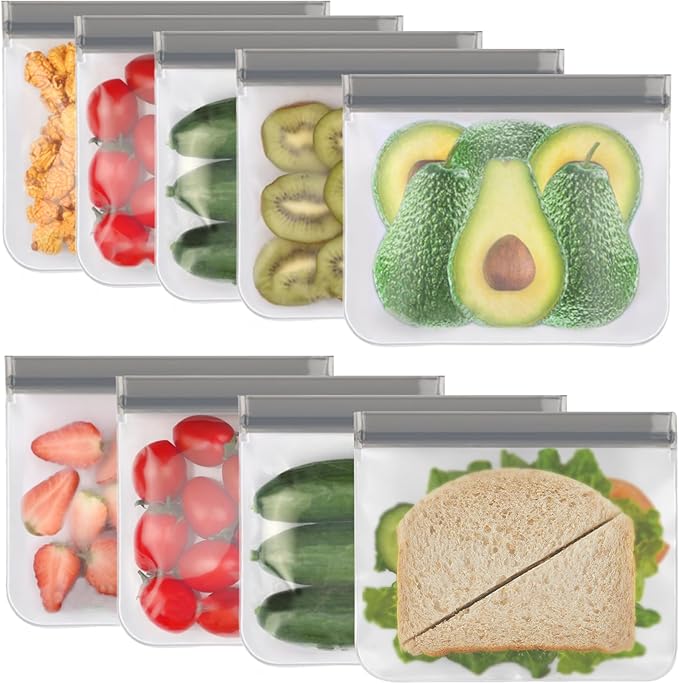 Lerine 9 Pack Reusable Sandwich Bags Dishwasher Safe, Reusable Quart Bags Extra Thick Leak-proof Freezer Bags for Marinate Meats, Cereal, Sandwich, Travel Items, Home Organization (Gray, 9Sandwich)