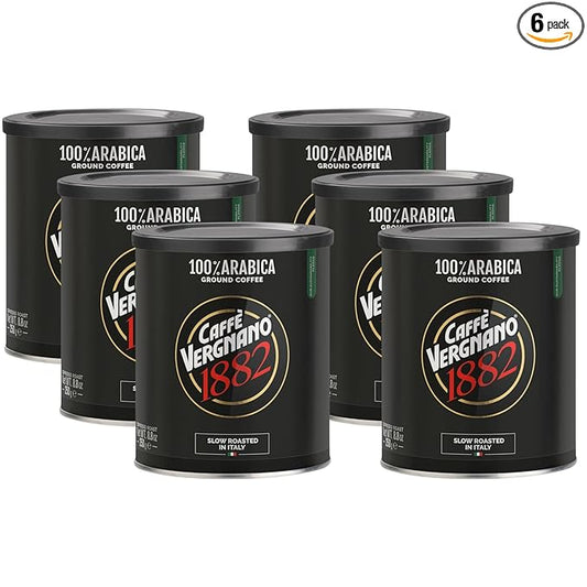 Caffè Vergnano Italian Finely Ground Espresso Coffee, 6 Pack – 100% Arabica for Moka, Intensity 4 – Sweet & Balanced Blend Slow Roasted with Notes of Chocolate, Hazelnut, Caramel, 8.82 oz Tin